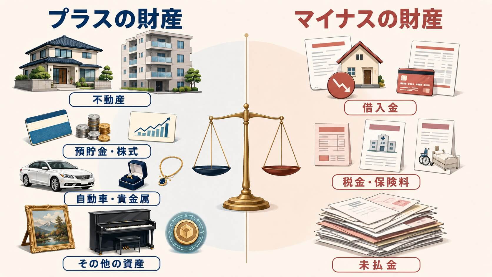 プラスの財産とマイナスの財産を天秤で対比した図。左に不動産・預貯金・株式・自動車・貴金属など、右に借入金・税金・保険料・未払金