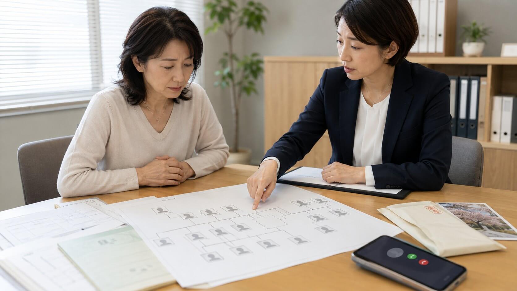 家系図を前に、司法書士から相続人の調査について説明を受ける女性