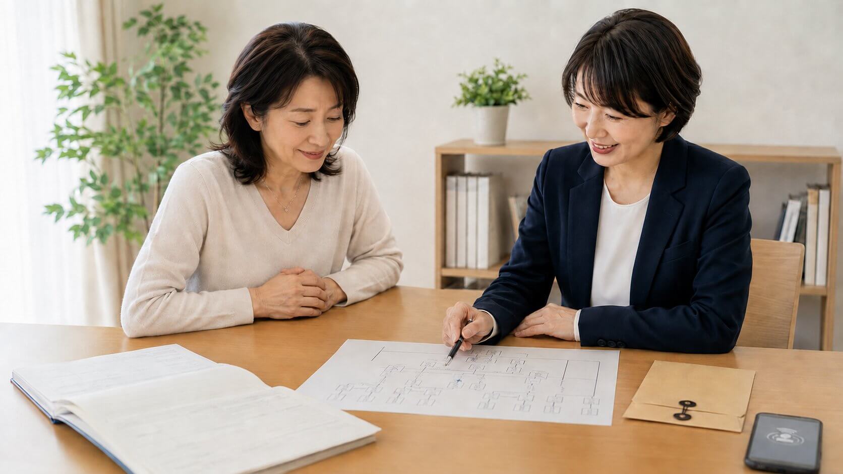 家系図を挟んで和やかに相談を進める女性と司法書士